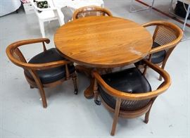 Round Solid Wood Pedestal Table 26.5" x 42" With Rolling Cane Back Chairs With Faux Leather Seats