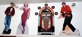 1950"s Wall Diner Decor Including Life Size Cutouts Of Elvis, Marilyn, And Dean, License Plates, Automobile Signage And More, All Mounted To Wall