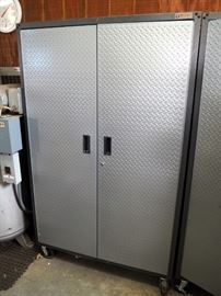 Gladiator By Whirlpool Corporation Diamond Plate Steel Front, Rolling 3 Shelf Storage Cabinet With 2 Doors, 78" x 48" x 18" Includes Bracket Kit