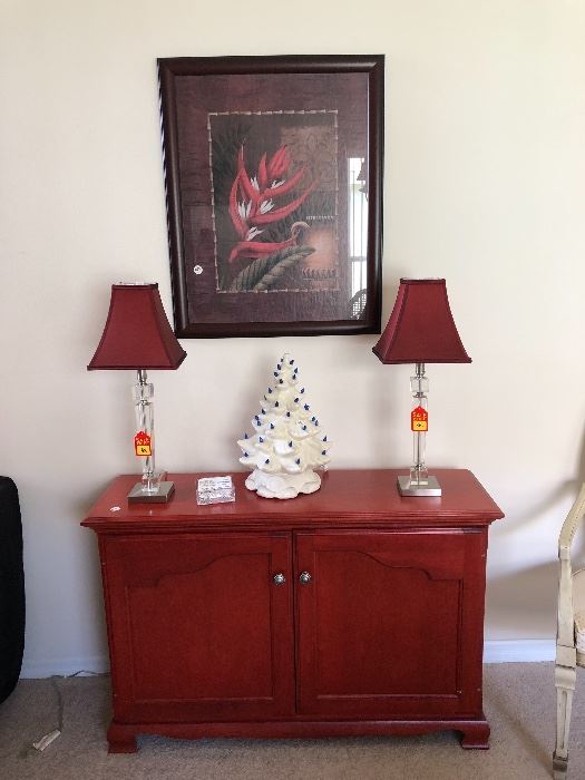 Lucite lamps..white ceramic Christmas tree & nice side cabinet