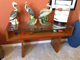 Three Florida birds,exquisitely rendered by Townsend, on top of Danish Modern display piece, buffet, side table.