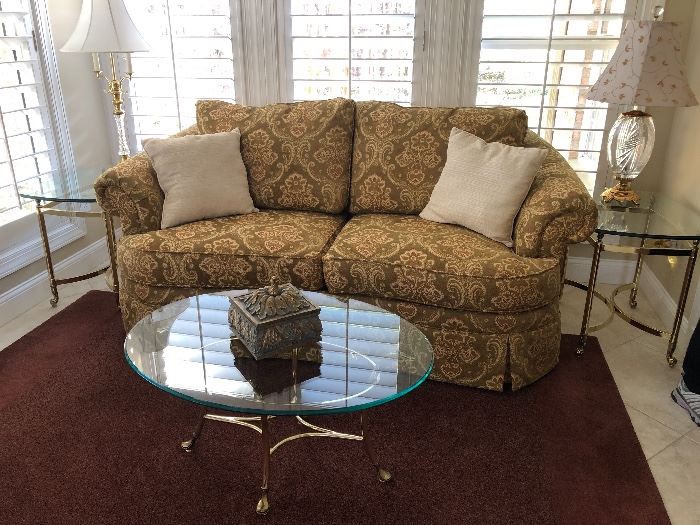 Coffee table with brass base and glass top $110 each matching side table $60
