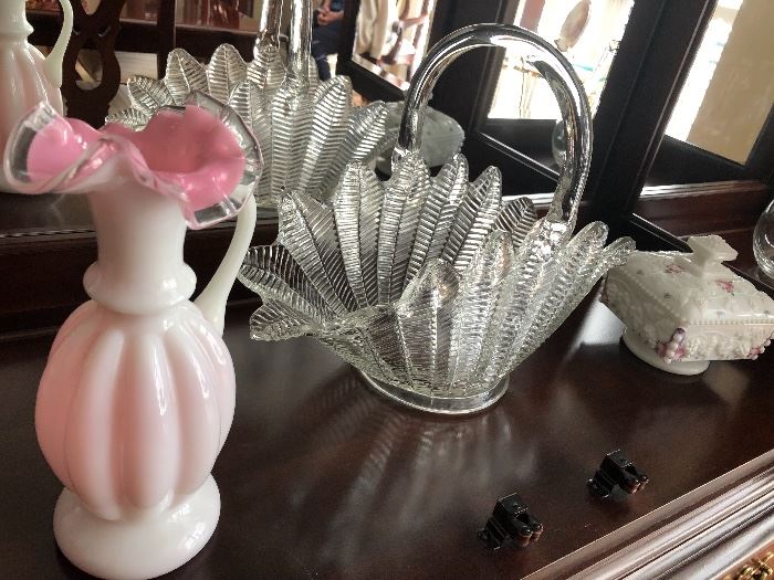 Glass basket $40 white and pink sandwich glass vase $12 milk glass dish with lid eight dollars