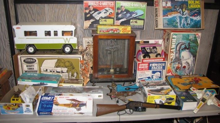 Tons of vintage toys, from rough in the sandbox to clean gently played with. Not all games,  models are complete. Tonka , G.I Joe , Battery operated, Mattel toy machine gun, Cox gas planes and more. 