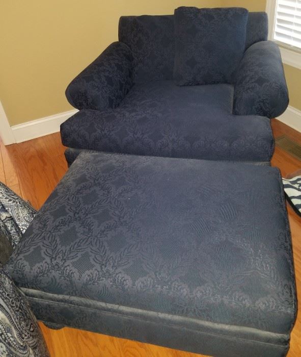 Beautiful navy chair and matching ottoman