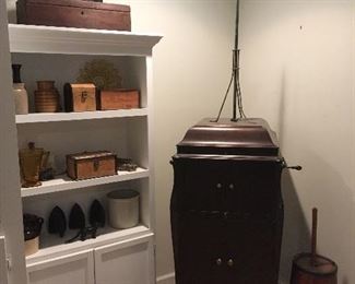 Antique Butter Churn, Antique Victrola, Antique Boxes & Crocks, Antique Lighting Rod, Antique Scale with Original Box.
