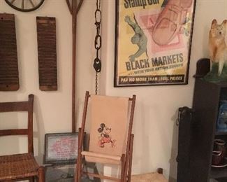 Antique Milk Box, Antique Mickey Mouse Child's Chair, Antique Tobacco Molds, Antique Rake, Antique Wheel,etc...