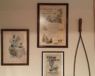 Antique Framed Cream of Wheat Ads, Antique Cast Iron Cornbread Pan, Antique Rug Beater.