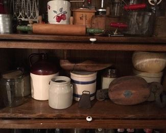 Antique Block & Tackle, Antique wooden shoe molds, Antique Jars,Antique Crocks, Antique Bells.