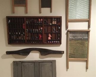 Antique Printers Tray with Small Collectibles, Antique Washboards.