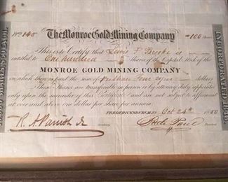 Monroe Gold Mining Company Stock , 1850. Fredericksburg, Va, (Stafford)