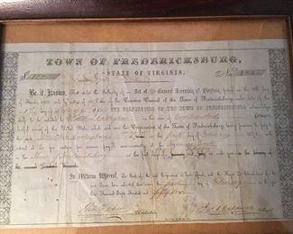 1875 Town of Fredericksburg, Va. Stock signed by Mayor Caldwell.