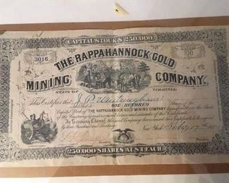 1887 The Rappahannock Gold Mining Company Stock, Fredericksburg, Va,