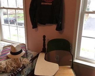 Cool Harley Davidson Leather Jacket, Vintage School Desk.