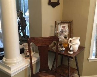 1 of 6 Antique Cane Bottom Chairs.Antique Table & Mirror.