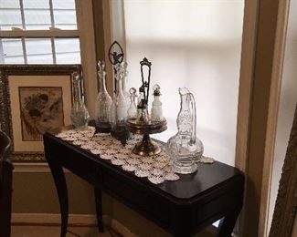 Side Table, Antique Glassware.