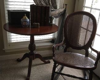 Antique Table & Cane Rocker,Books.