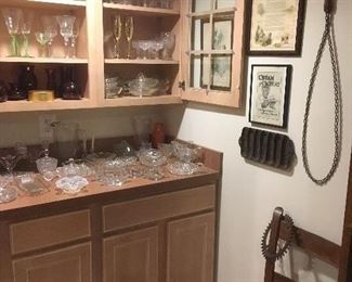 Antique Rug Beater, Cast Iron Cornbread Pan, Antique & Vintage Glassware & Stems.