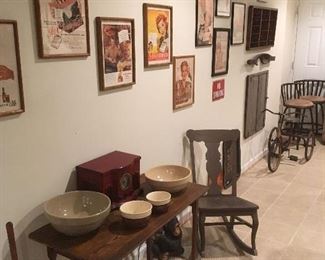 Antique Wooden Sewing Table, Crockery Bowls, Framed Advertising Prints. Rocking Chair, Antique Tricycle.