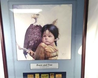 framed Gregory Perillo print. Brave and free with Native American stamp collection