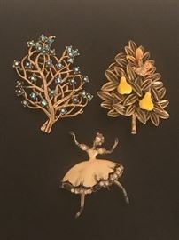 vintage pins: enamel ballerina, partridge in a pear and blue rhinestone tree