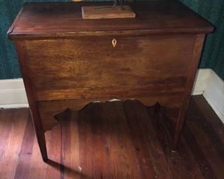 Walnut sugar chest, has dividers, 3 sections.  Lock, hinges, condition appear very good.  Primitive form.