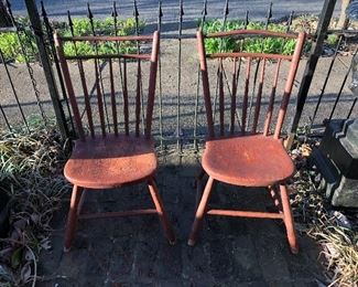Early Kentucky Windsor birdcage chairs in old red wash paint