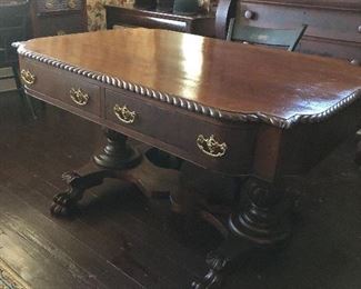 Rare Kentucky Partner's desk, circa 1820-30, rope twist top, hairy paw feet, dovetailed drawers, original handles were replaced at some point in time