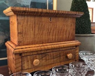 Small tiger maple sugar chest with dovetailed case