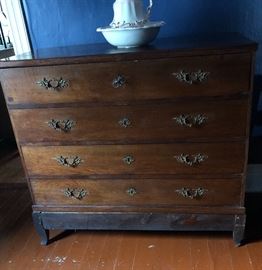 Early walnut chest on stand with Tuttle legs, original key and locks