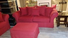 red cloth sofa by Kroehler. 92" long x 40" deep
