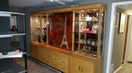 Henredon oak and burlwood wall system, 1980s. 3 pieces: 98" long x 81.5" tall x 18" deep