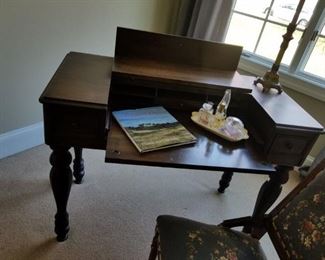 antique desk and needlepoint chair