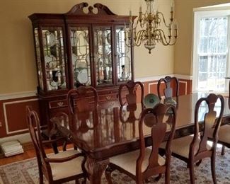 dining room set: table w/ 2 leaves & 8 upholstered chairs, lighted china cabinet and matching server/bar-flip top.  Can be sold separately. Mint condition. Stanley Furniture Company, American Heritage  Collection