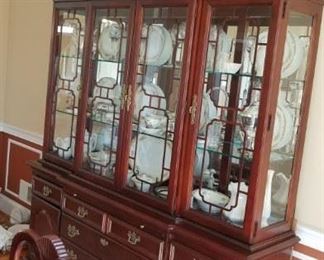 2 piece china cabinet. Can remove the top, using the base as a server. Add some decorative feet and the top could be re-purposed into a great cabinet.