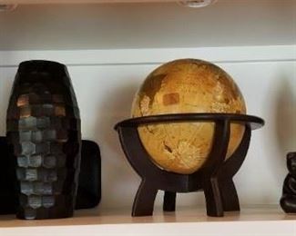 Hammered wood vase, globe and decor