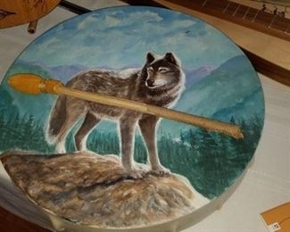 Hand Held Rawhide Wolf Drum