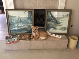 Pictures and miscellaneous on fireplace,