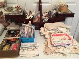Calendars, sewing items, crochet and embroidery scarves, sewing box (folds)