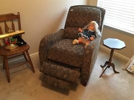 Recliner and small table, desk lamp & wooden chair