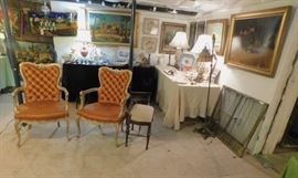 DSCN0178 JPG - Two antique, orange, arm chairs amid antique, vintage and collectible estate sale items