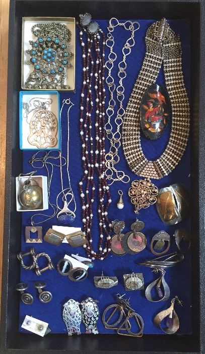 Sterling earrings, chains & cufflinks, vintage necklaces from India, artist-made earrings by Jo Marz, Marjorie Baer & more