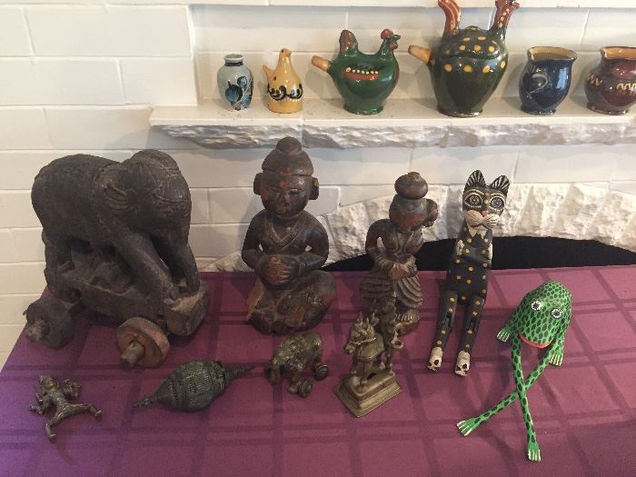 Indian wooden & brass figurines & toys, folk art incl. Indonesian wooden kitty, Mexican painted wood frog (signed), pottery chicken whistles