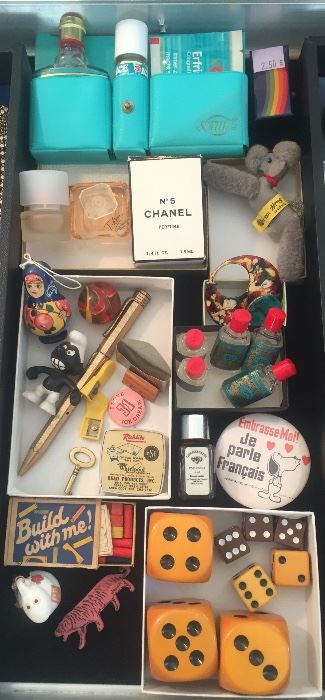 More smalls: Chanel No. 5, 4711 & other perfume, mini Steiff poodle, Schleich Smurf, Super Dictator mechanical pencil, giant dice, tiny building block set & more