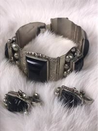 Jc014 Sterling  Onyx Taxco Bracelet Earrings