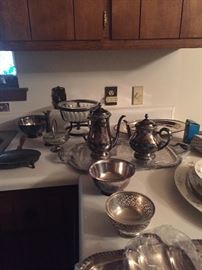 Silver plated serving pieces and tea set