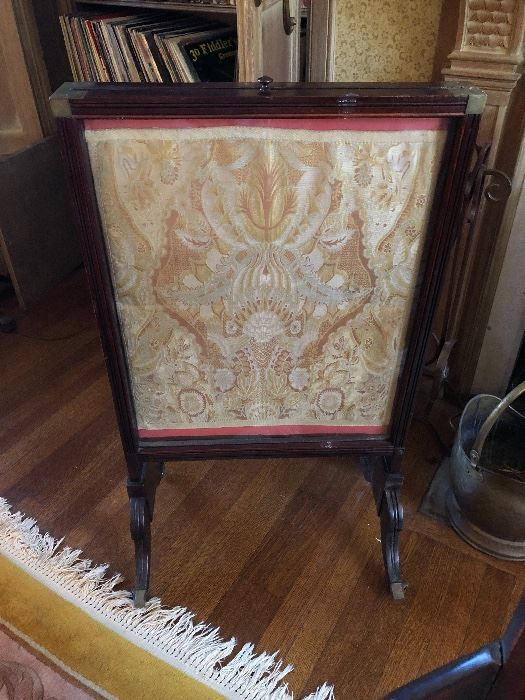 Antique fire screen with tapestry cloth