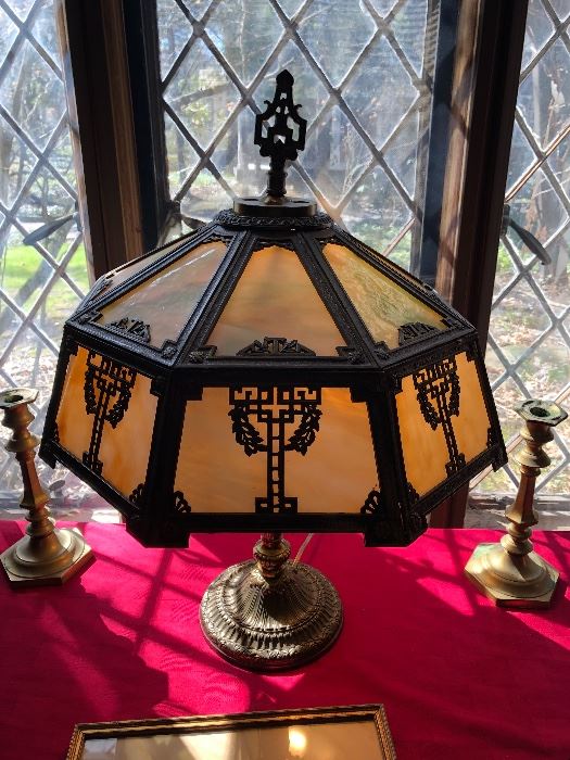 Antique panel glass lamp