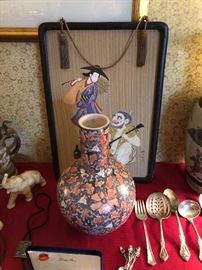 Japanese vase & great 1 of a pair of Japanese pictures