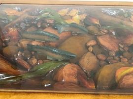 Close up of Coffee Table Carving , Creek bed with fishies!! Photo does not do it justice! There is no JUSTICE for the carving!